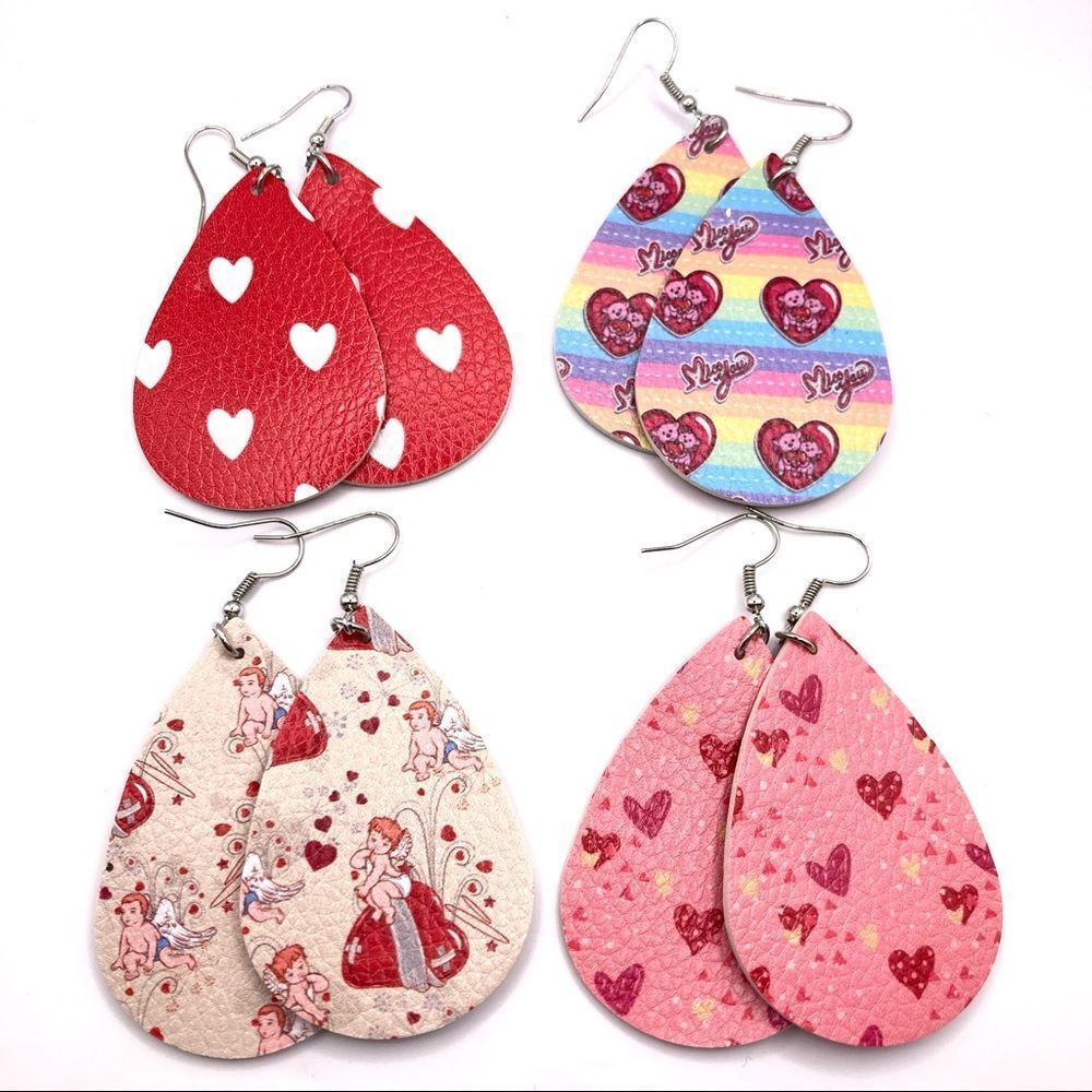 Set of 4 love faux leather hook earrings
